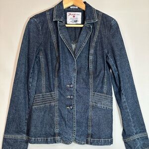 Azur Womens Size M Denim Jacket Blazer Coat Buttons Pockets Stitched Stretchy